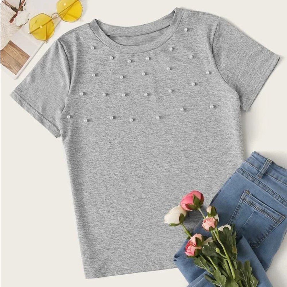 🤍SHEIN Pearl Beadded Short Sleeve Tee🤍